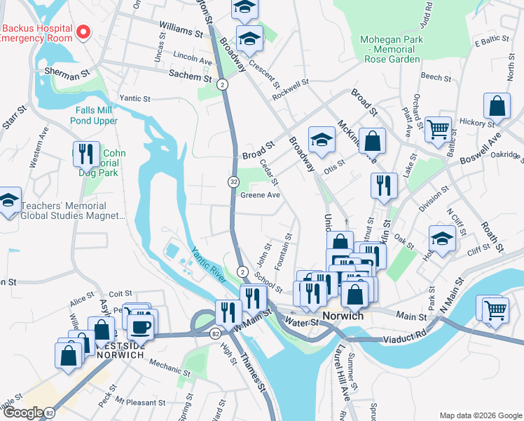 map of restaurants, bars, coffee shops, grocery stores, and more near 34 Buckingham Avenue in Norwich