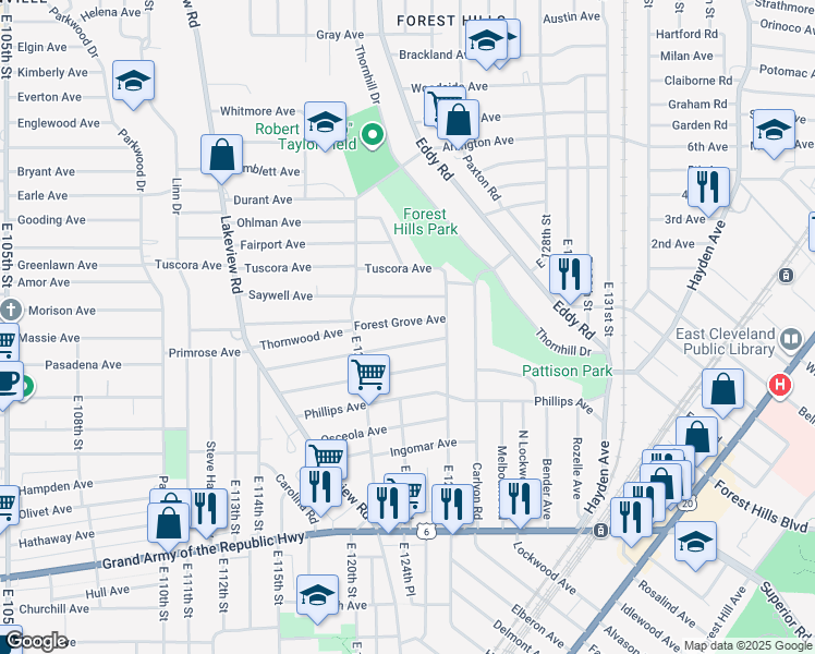 map of restaurants, bars, coffee shops, grocery stores, and more near 12402 Forest Grove Avenue in Cleveland