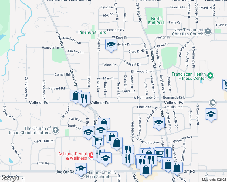 map of restaurants, bars, coffee shops, grocery stores, and more near 175 Thelma Lane in Chicago Heights
