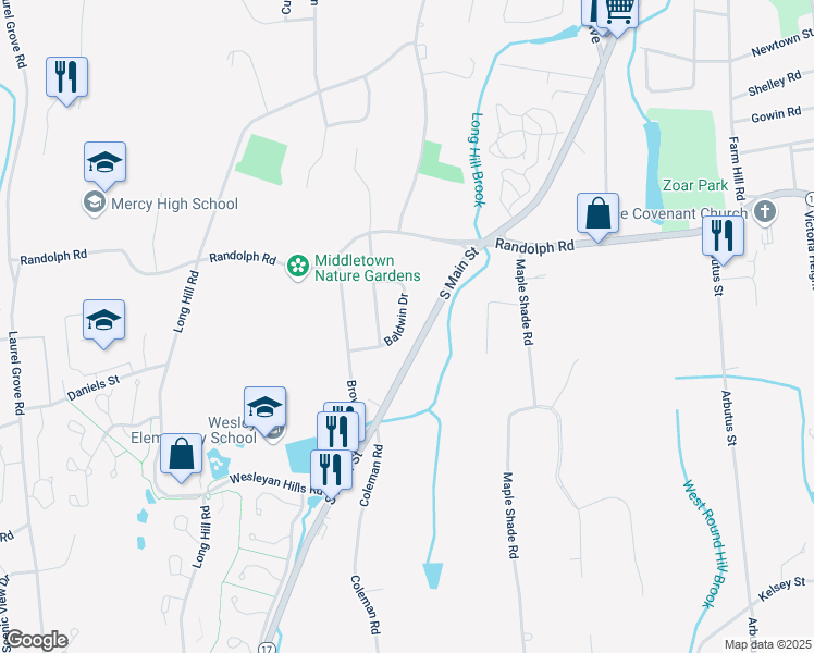 map of restaurants, bars, coffee shops, grocery stores, and more near 67 Baldwin Drive in Middletown