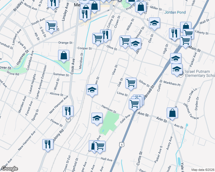 map of restaurants, bars, coffee shops, grocery stores, and more near 161 View Street in Meriden