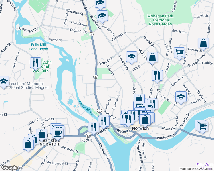 map of restaurants, bars, coffee shops, grocery stores, and more near 34 Buckingham Avenue in Norwich