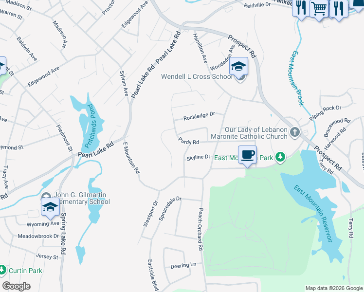 map of restaurants, bars, coffee shops, grocery stores, and more near 111 Purdy Road in Waterbury