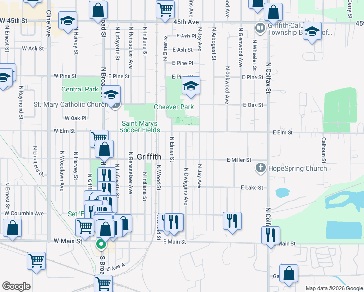 map of restaurants, bars, coffee shops, grocery stores, and more near 422 North Dwiggins Avenue in Griffith