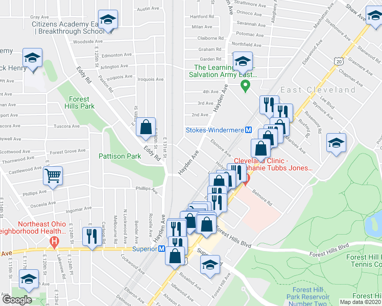 map of restaurants, bars, coffee shops, grocery stores, and more near 1834 Hayden Avenue in East Cleveland