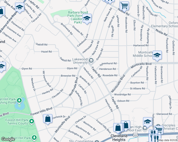 map of restaurants, bars, coffee shops, grocery stores, and more near 1025 Hereford Road in Cleveland Heights