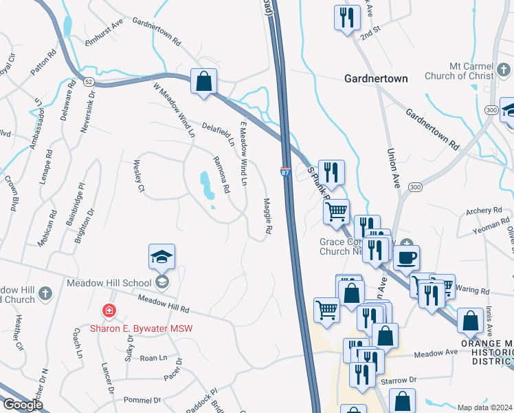 map of restaurants, bars, coffee shops, grocery stores, and more near 1146 Maggie Road in Newburgh