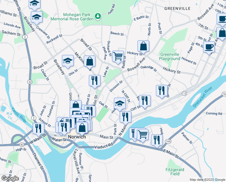 map of restaurants, bars, coffee shops, grocery stores, and more near 36 Reynolds Street in Norwich