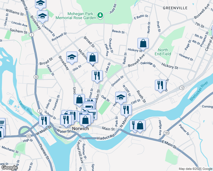 map of restaurants, bars, coffee shops, grocery stores, and more near 29 Boswell Avenue in Norwich