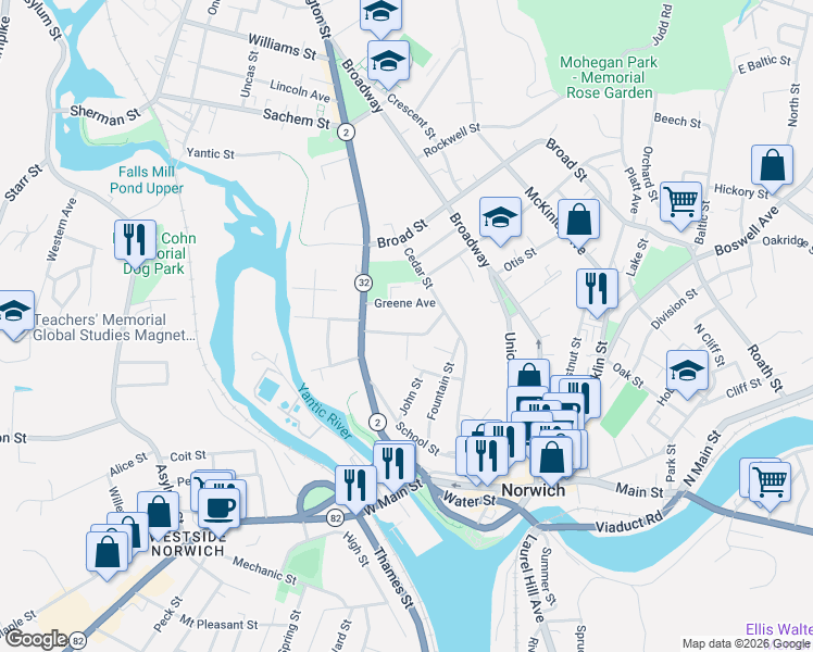 map of restaurants, bars, coffee shops, grocery stores, and more near 34 Buckingham Avenue in Norwich