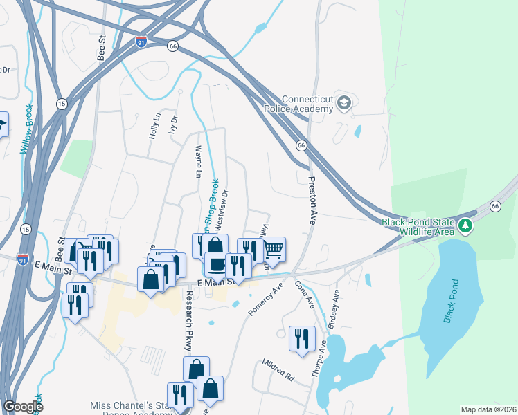 map of restaurants, bars, coffee shops, grocery stores, and more near 139 Valley View Drive in Meriden