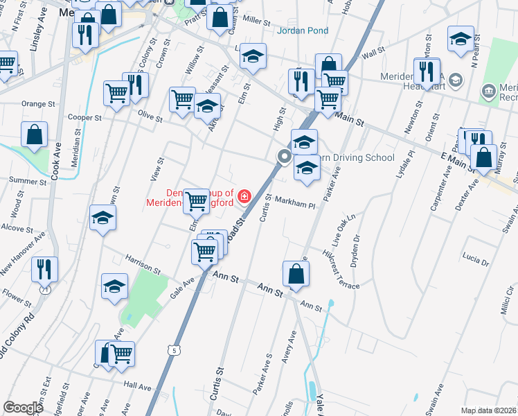 map of restaurants, bars, coffee shops, grocery stores, and more near in Meriden