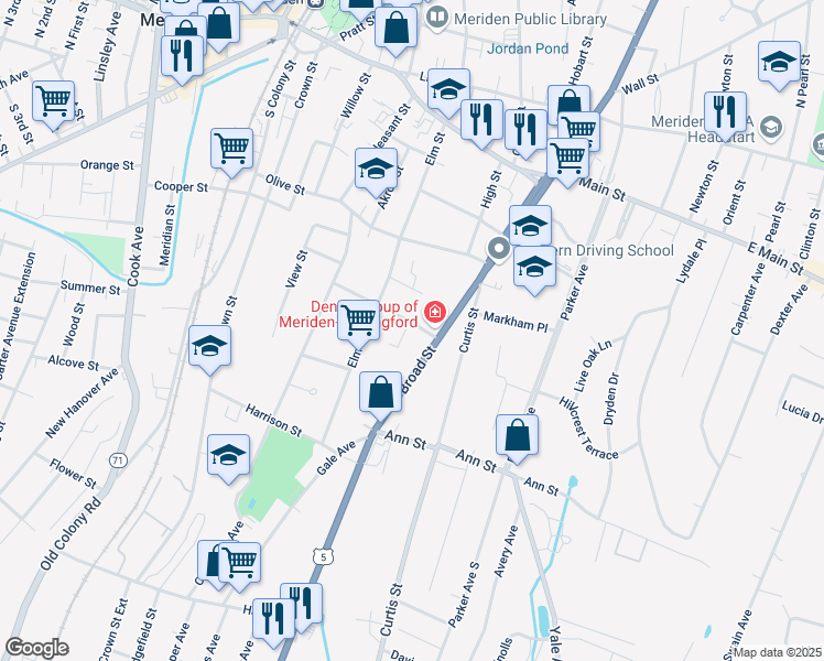 map of restaurants, bars, coffee shops, grocery stores, and more near 14 Woodley Court in Meriden