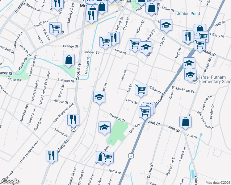 map of restaurants, bars, coffee shops, grocery stores, and more near 161 View Street in Meriden
