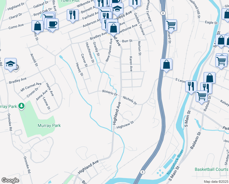 map of restaurants, bars, coffee shops, grocery stores, and more near 64 Rosario Drive in Waterbury
