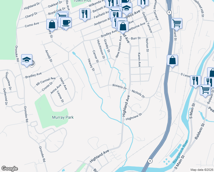 map of restaurants, bars, coffee shops, grocery stores, and more near 6 Rosario Drive in Waterbury
