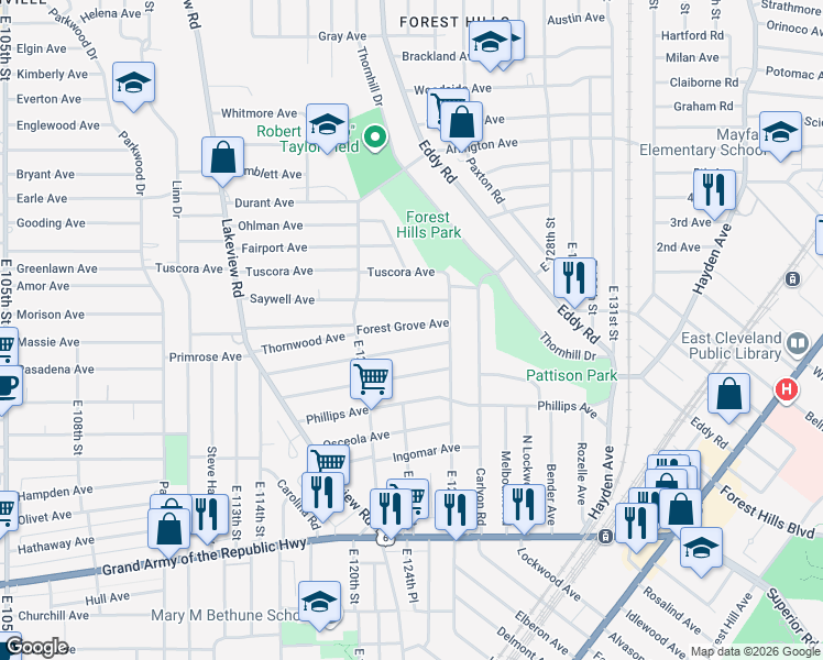 map of restaurants, bars, coffee shops, grocery stores, and more near 12402 Forest Grove Avenue in Cleveland