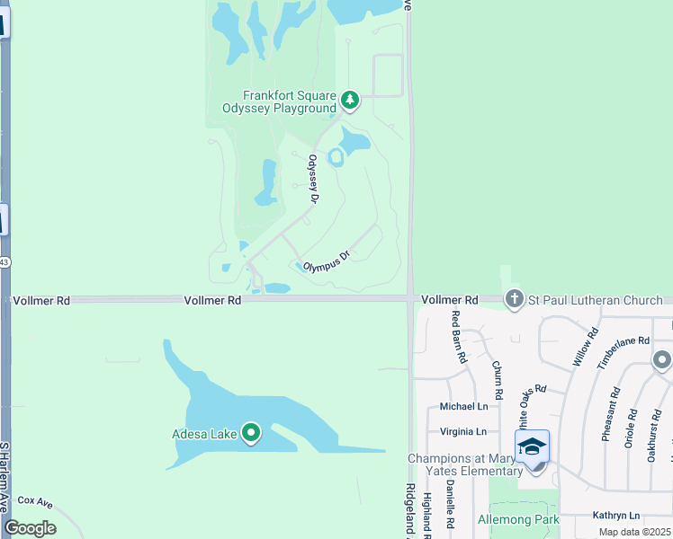 map of restaurants, bars, coffee shops, grocery stores, and more near 47 Olympus Drive in Tinley Park