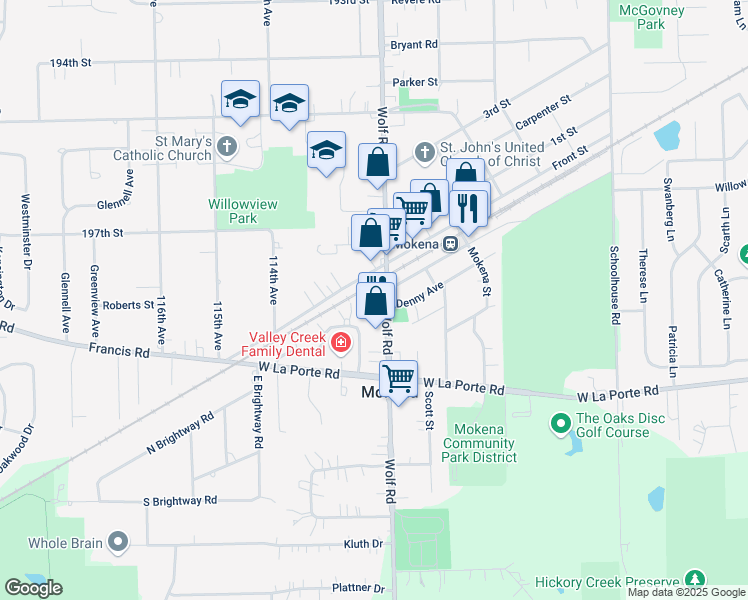 map of restaurants, bars, coffee shops, grocery stores, and more near 19820a Wolf Road in Mokena