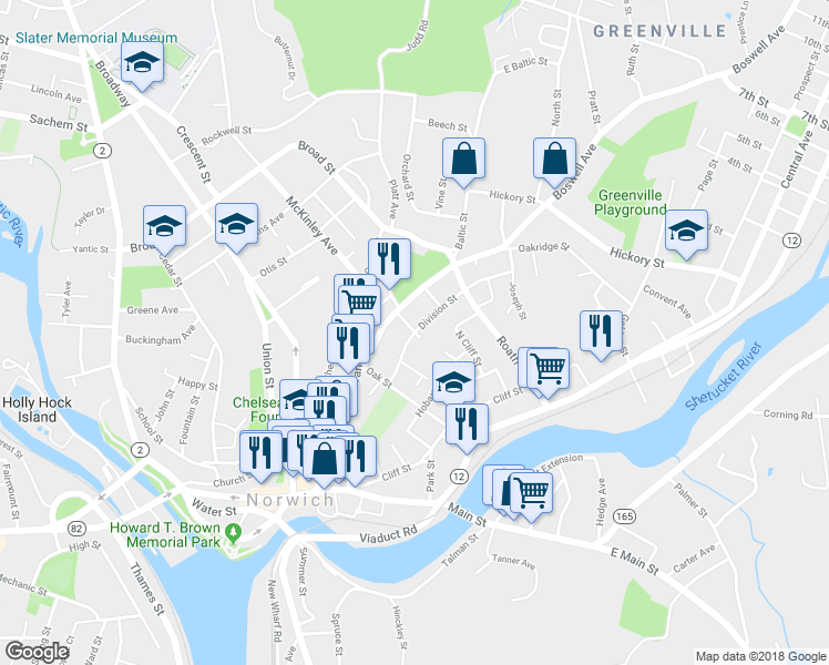 map of restaurants, bars, coffee shops, grocery stores, and more near 49 Division Street in Norwich