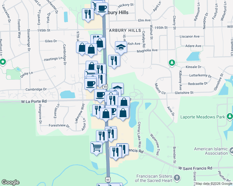 map of restaurants, bars, coffee shops, grocery stores, and more near 19855 La Grange Rd in Mokena