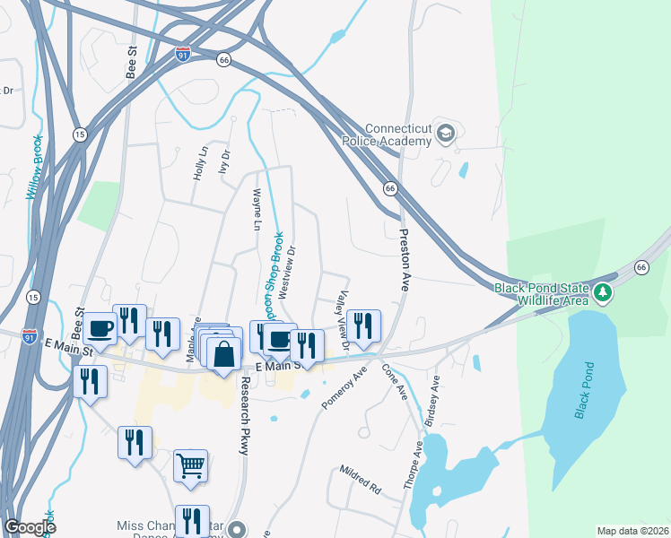 map of restaurants, bars, coffee shops, grocery stores, and more near 139 Valley View Drive in Meriden