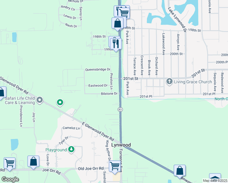 map of restaurants, bars, coffee shops, grocery stores, and more near 20173 Preston Lane in Lynwood