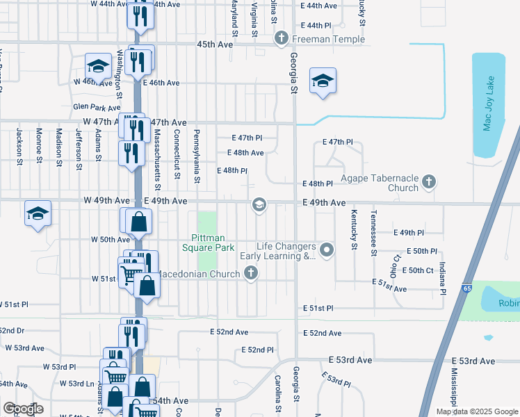 map of restaurants, bars, coffee shops, grocery stores, and more near 601 E 49th Ave in Gary