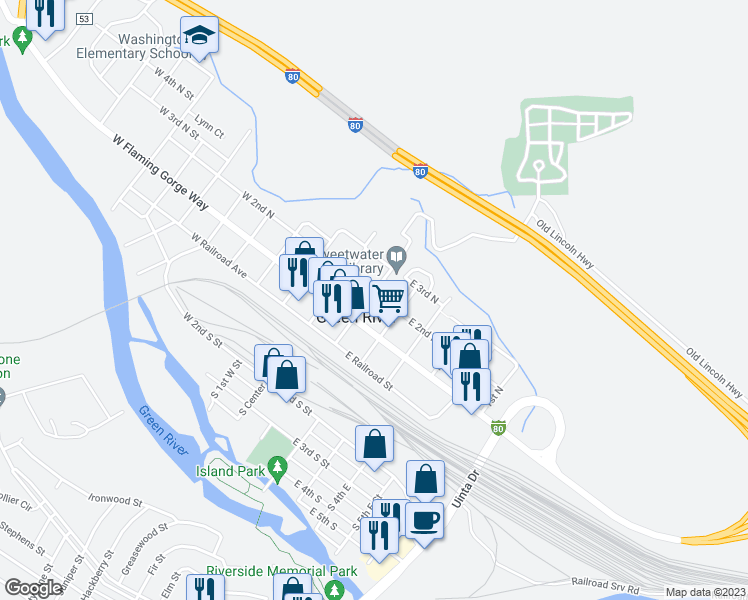 map of restaurants, bars, coffee shops, grocery stores, and more near 190 North 1st East Street in Green River