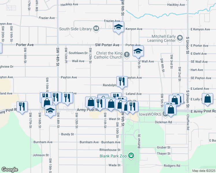 map of restaurants, bars, coffee shops, grocery stores, and more near 1010 Randolph Street in Des Moines