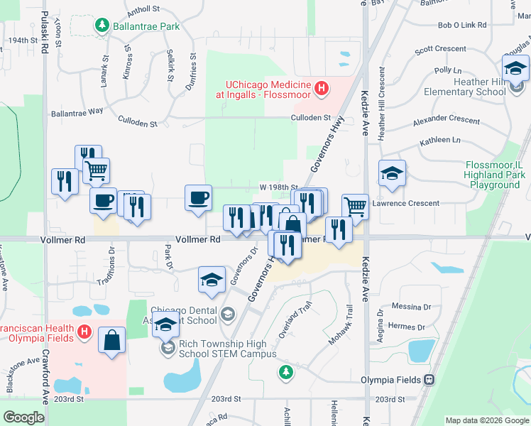 map of restaurants, bars, coffee shops, grocery stores, and more near 3427 Vollmer Road in Flossmoor