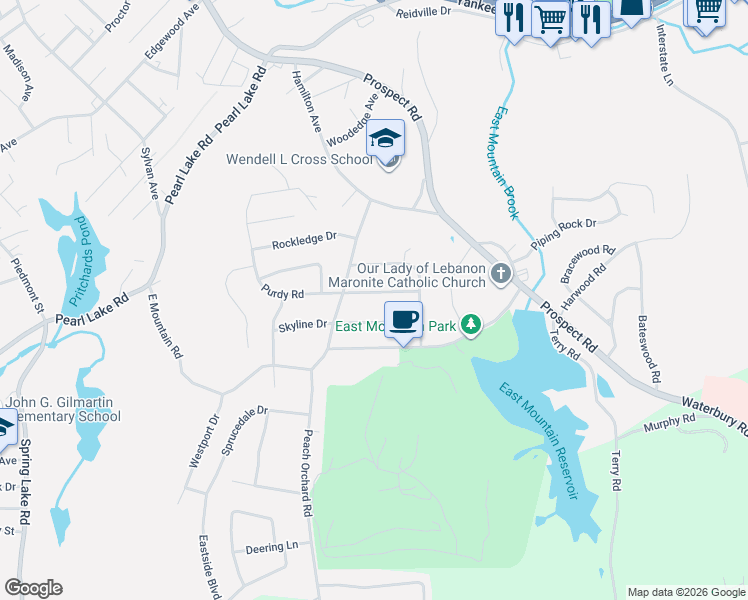 map of restaurants, bars, coffee shops, grocery stores, and more near 38 Oakridge Road in Waterbury