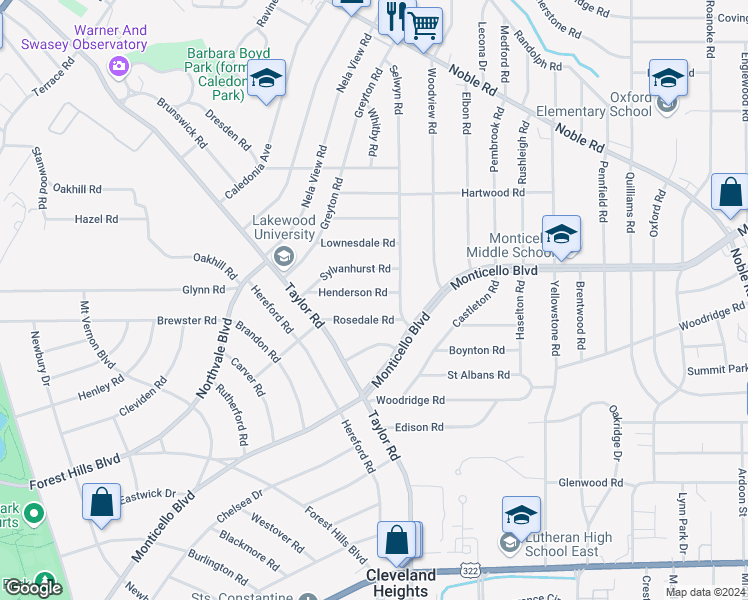map of restaurants, bars, coffee shops, grocery stores, and more near 3390 Henderson Road in Cleveland Heights