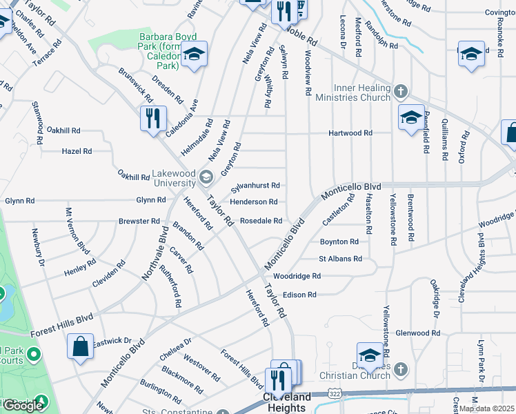 map of restaurants, bars, coffee shops, grocery stores, and more near 3390 Henderson Road in Cleveland Heights
