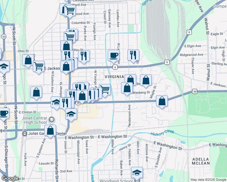 map of restaurants, bars, coffee shops, grocery stores, and more near 214 North Garnsey Avenue in Joliet