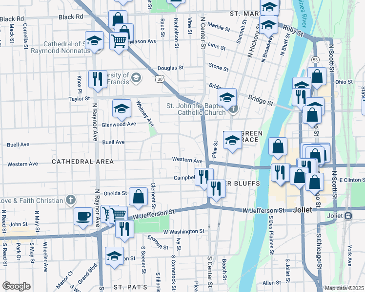 map of restaurants, bars, coffee shops, grocery stores, and more near 310 Nicholson Street in Joliet