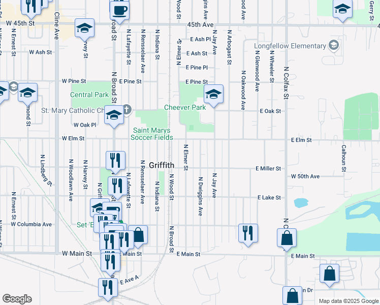 map of restaurants, bars, coffee shops, grocery stores, and more near 421 North Elmer Street in Griffith