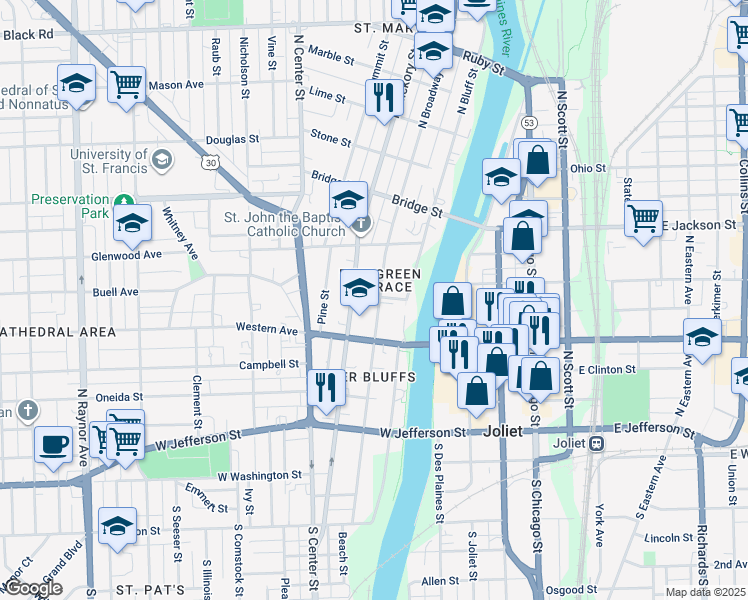 map of restaurants, bars, coffee shops, grocery stores, and more near 327 North Broadway Street in Joliet