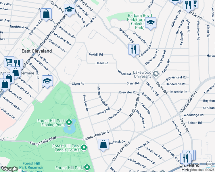 map of restaurants, bars, coffee shops, grocery stores, and more near 15956 Glynn Road in East Cleveland