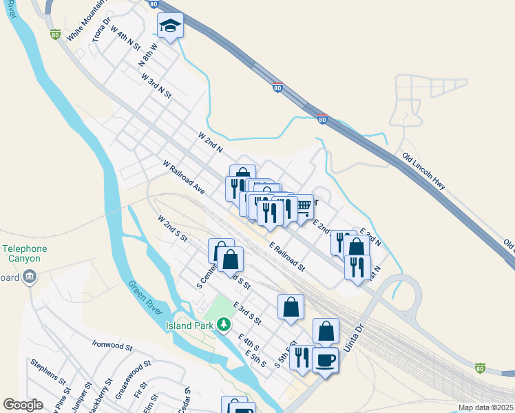 map of restaurants, bars, coffee shops, grocery stores, and more near 3 West Flaming Gorge Way in Green River