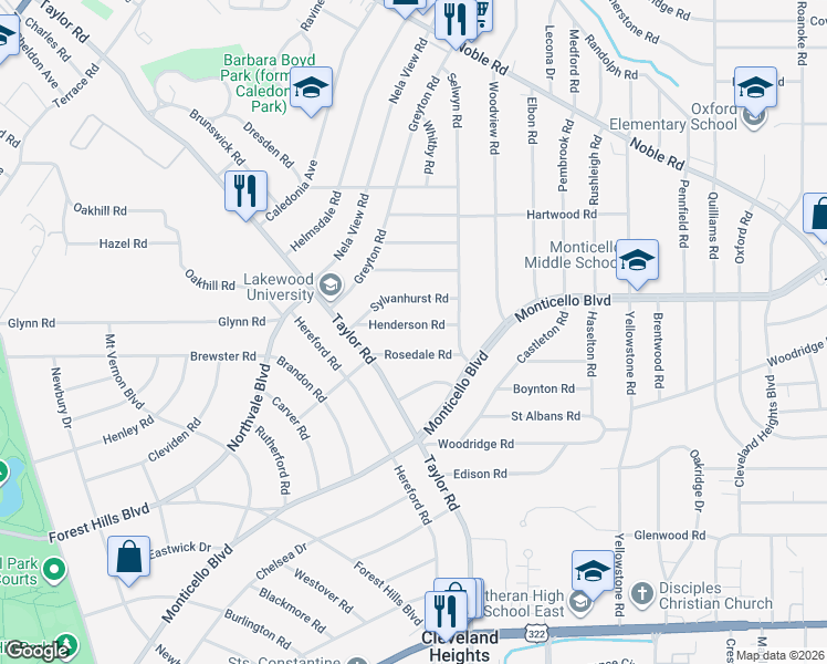 map of restaurants, bars, coffee shops, grocery stores, and more near 3390 Henderson Road in Cleveland Heights