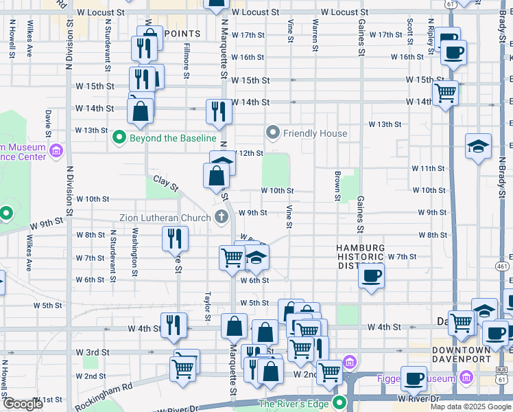 map of restaurants, bars, coffee shops, grocery stores, and more near 910 North Myrtle Street in Davenport