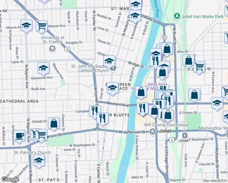 map of restaurants, bars, coffee shops, grocery stores, and more near 324 Spring Street in Joliet