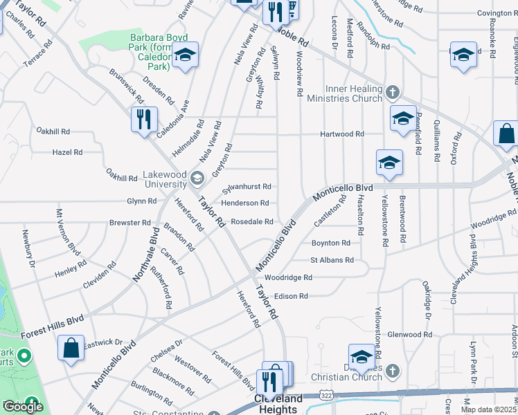 map of restaurants, bars, coffee shops, grocery stores, and more near 3406 Henderson Road in Cleveland Heights