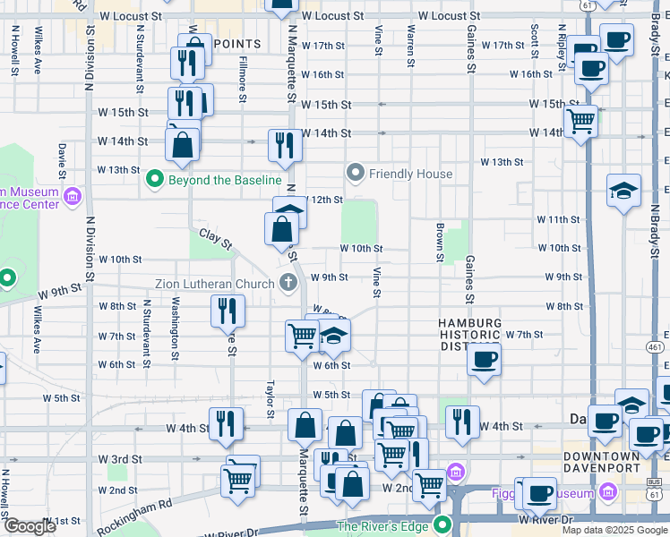 map of restaurants, bars, coffee shops, grocery stores, and more near 910 North Myrtle Street in Davenport