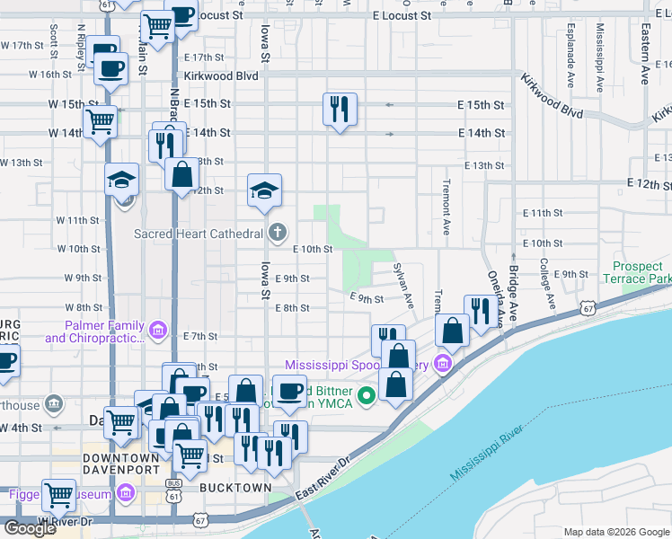 map of restaurants, bars, coffee shops, grocery stores, and more near 902 Farnam Street in Davenport