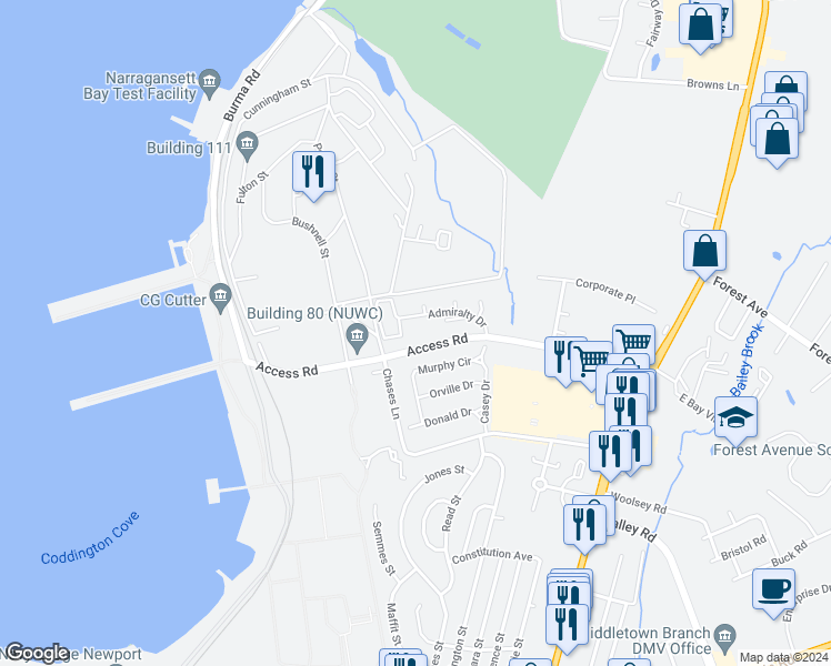 map of restaurants, bars, coffee shops, grocery stores, and more near 4 Admiralty Drive in Middletown
