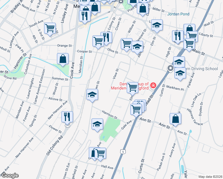 map of restaurants, bars, coffee shops, grocery stores, and more near 17 Jefferson Street in Meriden