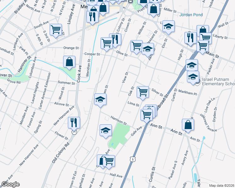 map of restaurants, bars, coffee shops, grocery stores, and more near 17 Jefferson Street in Meriden