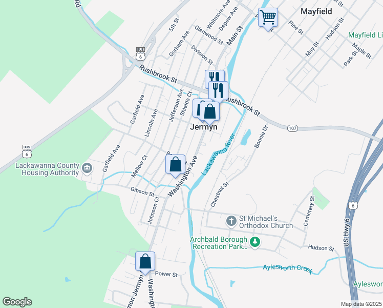 map of restaurants, bars, coffee shops, grocery stores, and more near 516 Washington Avenue in Jermyn